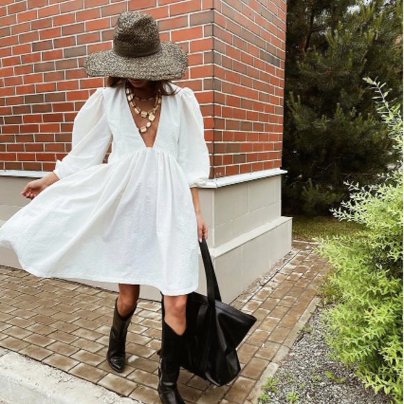 White Vneck Puff Sleeve Dress - Picture 4 of 6